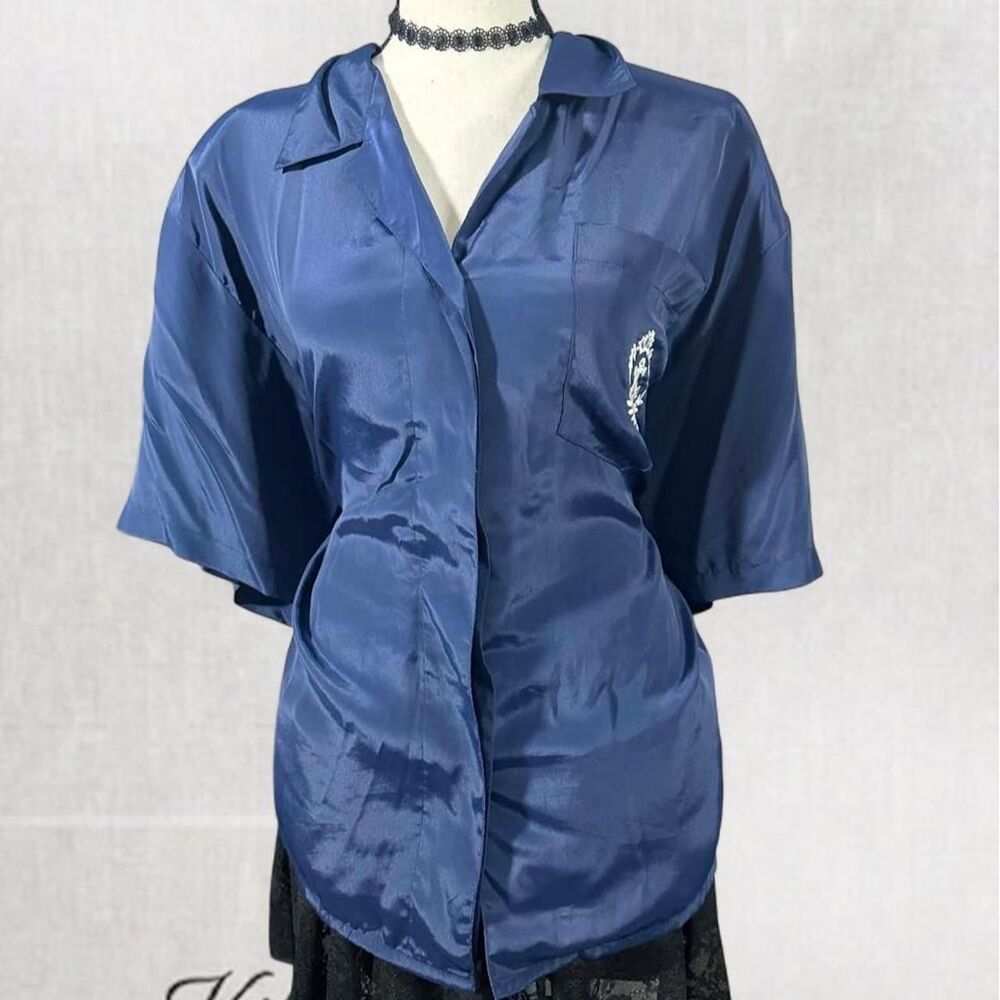 Preppy Navy Satin Button Up with Shoulder Pads and Anchor Embroidery